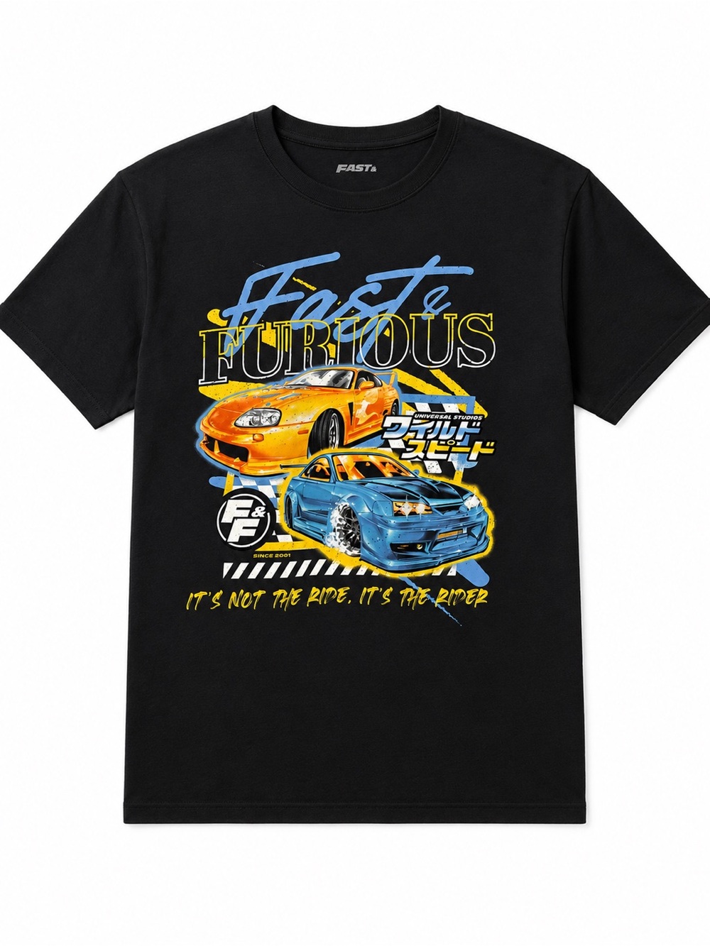 "Fast & Furious" Black Graphic Tee - Yellow & Blue Car Print